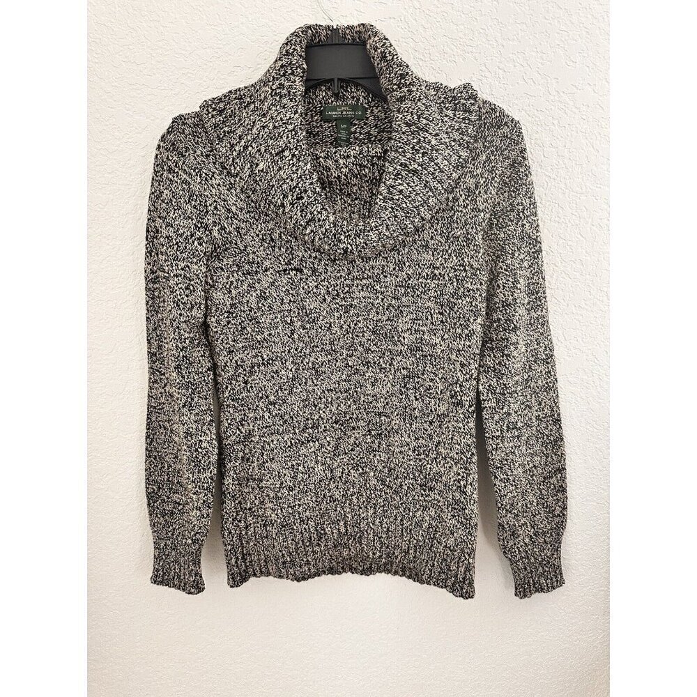 LRL Lauren Jeans Co Women's Sweater S/P Black Marbled Knit Cowl Neck Grandmacore